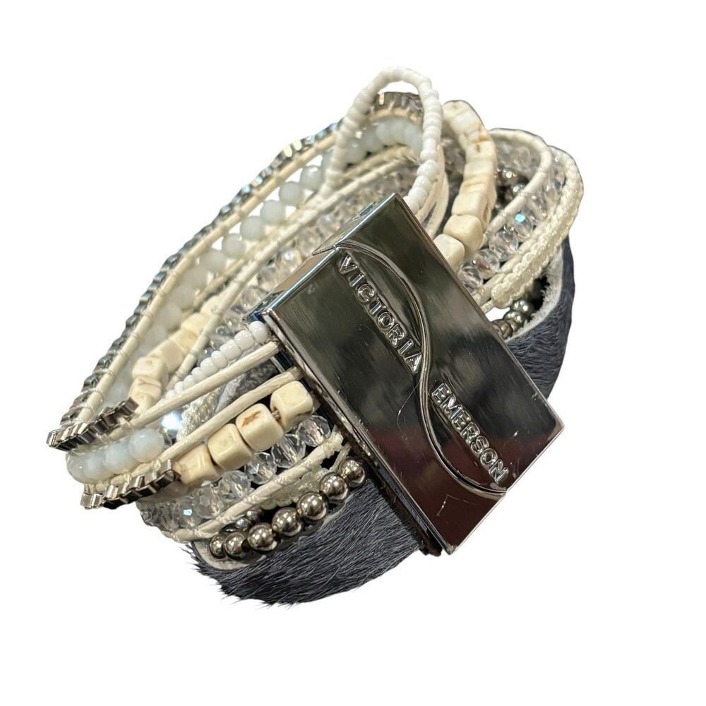 Victoria Emerson Multi Strand Gray Cream Rhinestone Beads Bracelet Magnetic 7.5"